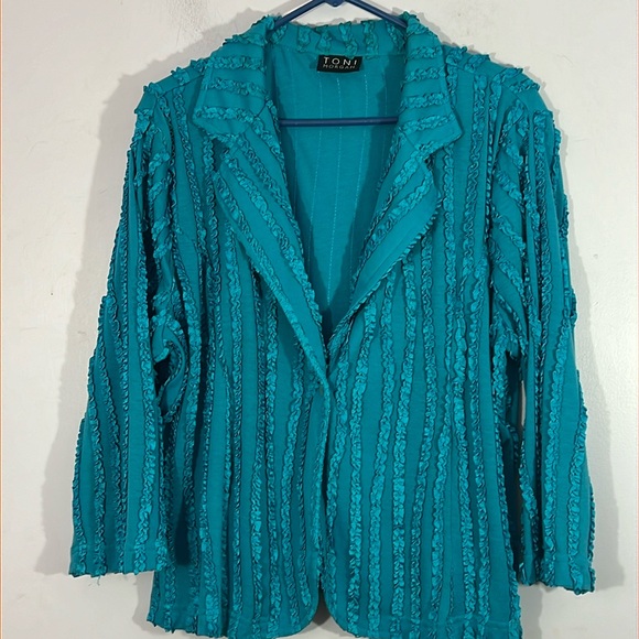 TURQUOISE RIBBON JACKET by TONI MORGAN (M), very attractive! - Picture 1 of 4